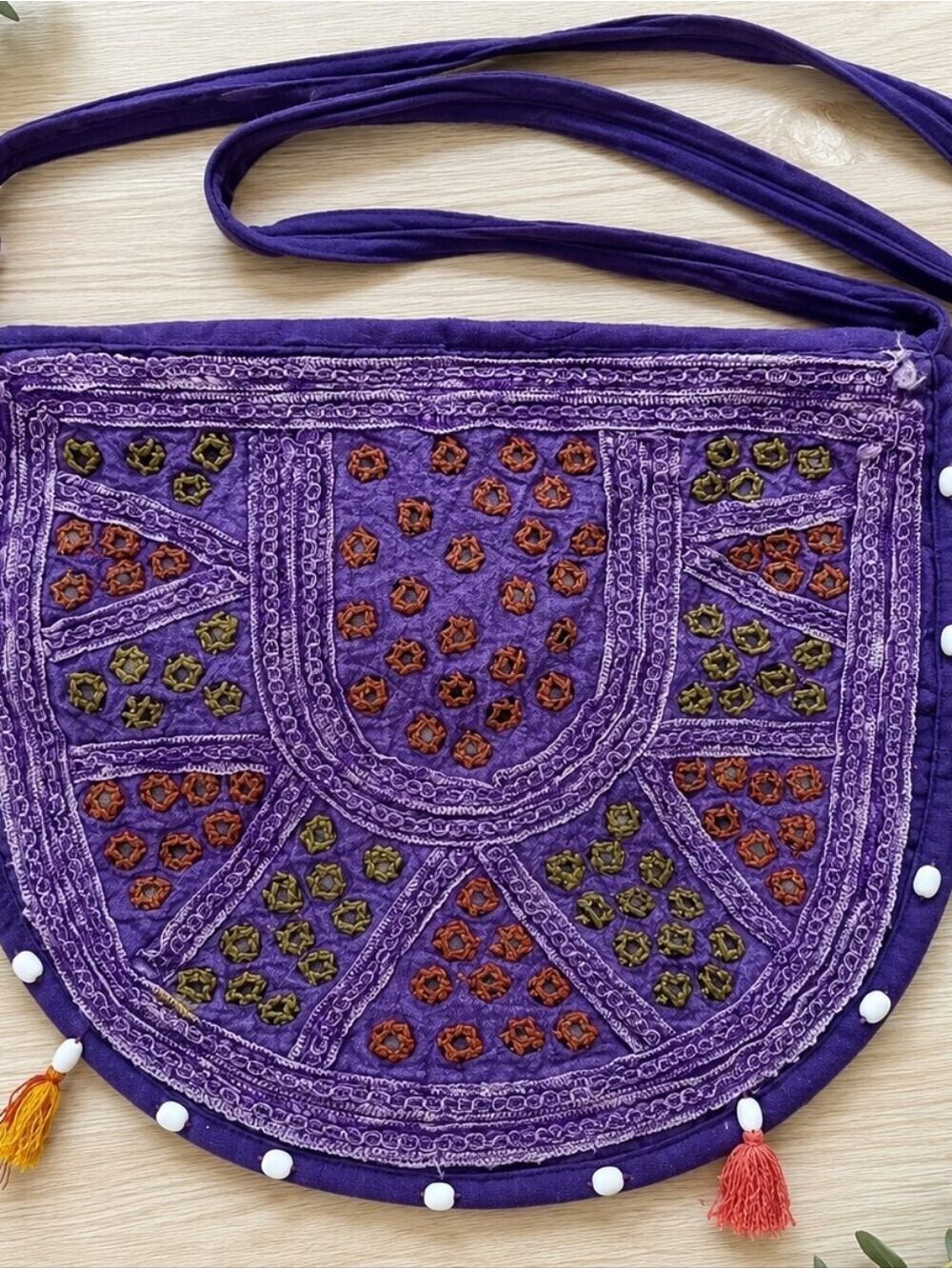 Boho Purple Embroidered Crossbody Messenger Bag with Mirror Work & Tassels - Picture 2 of 4
